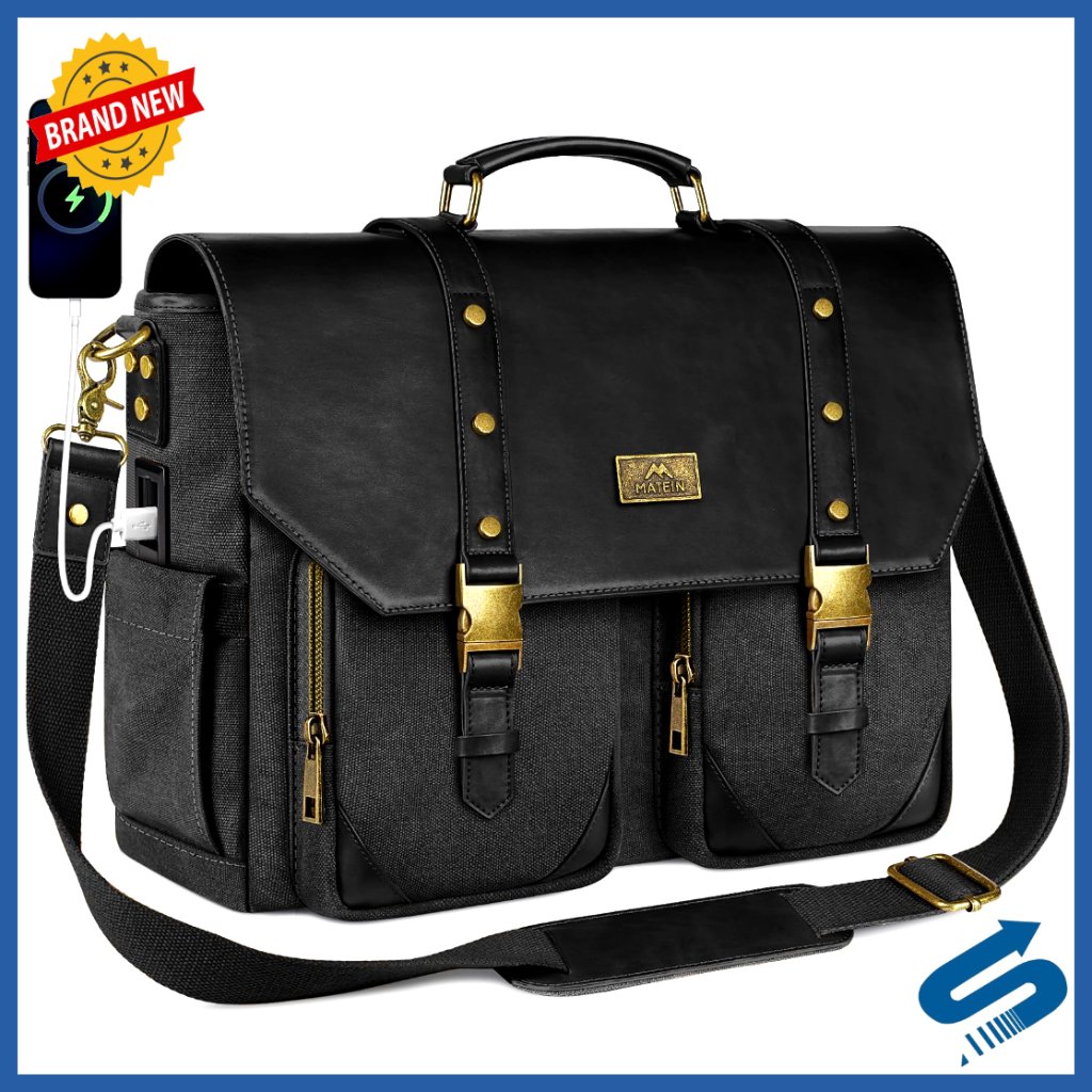 Large 15.6 Inch Laptop Messenger Bag With Usb Port, Water Resistant Canvas